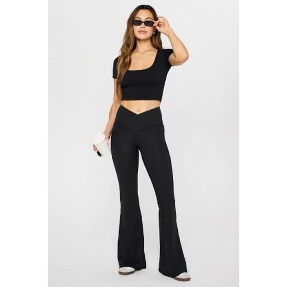 Fabletics Oasis PureLuxe High-Waisted Crossover Flare Leggings Small Black